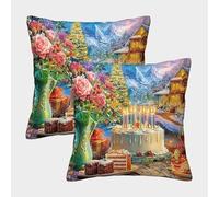 QWERTYUIOPD Natura morta floreale Federe Cuscini 3D Set di 2 Federe Paesaggio Villaggio Montano Cerniera Decorazione Camera Letto Facile da Pulire 50x50cm