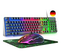 QWERTZ - Set di 104 tasti a LED arcobaleno, 2400 DPI a 6 tasti, tastiera e mouse compatibili con PC PS5 PS4 Xbox nero