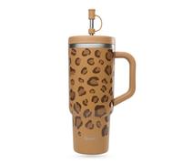 QWETCH - Travel Cup 900 ml con cannuccia e manico - 48 ore ghiacciato/12 ore freddo - Borraccia isotermica in acciaio inox riciclata - Tazza con tappo a vite antispruzzo - Tazza Thermos - Leopard