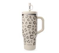 QWETCH - Travel Cup 900 ml con cannuccia e manico - 48 ore ghiacciato/12 ore freddo - Borraccia isotermica in acciaio inox riciclata - Tazza con tappo a vite antispruzzo - Tazza Thermos - Leopard