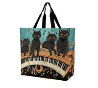 QWHJK Borsa per la spesa, quattro gatti neri sdraiati sulla tastiera del pianoforte, borsa a tracolla, borse per la spesa riutilizzabili