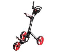 Qwik-Fold, carrello da golf a tre ruote con maniglia push-pull e freno a pedale; apertura e chiusura in un secondo, colore nero/rosso