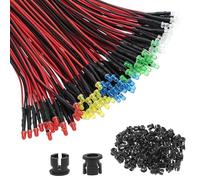QWORK® 100 Pezzi Diodi LED Precablati 3mm 12V - con Supporti in Plastica per Modellismo, Elettronica - 5 Colori Assortiti (Rosso, Verde, Blu, Giallo, Bianco) con Cavi da 20cm