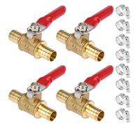 QWORK® 4 pezzi valvola a sfera a 2 vie in ottone da 10 mm, con maniglia di comando a 180 gradi, con 8 morsetti, per vari sistemi di tubazioni