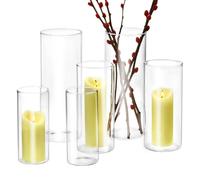 QWORK® 6 Pezzi vasi in vetro, vaso cilindrici vetro 25cm/20cm/15cm, decorazione da tavolo versatile, per fiori, candele e matrimoni