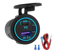 QWORK® 65W PD USB C & QC 3.0 USB Anschluss - Adattatore per accendisigari per auto con interruttore e cavo da 60 cm, IP66 impermeabile, per auto, moto, barca, camion, camper