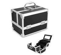 QWORK® Custodia cosmetica portatile con specchio, valigia porta trucchi nera, Valigetta Trucco in lega di alluminio, unghie caso