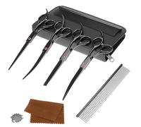 QWORK® Forbici Toelettatura Cani Professionali 7 Pollici, 5 IN 1, Acciaio Inossidabile, Forbici per Sfoltire, Curve, Pettine, per Cani e Gatti