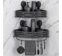 QWORK® Mensola Doccia Angolare 2 Pezzi Grigio 22cm - Organizer Bagno Senza Fori con Ventose Potenti e Portasciugamani per Doccia, Cucina e Lavanderia