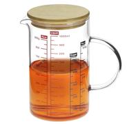 QWORK® Misurino da cucina 1000 ml con coperchio in bambù, in vetro borosilicato, Misurino graduato multiscala, Adatto al microonde