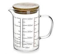 QWORK® Misurino da cucina 500 ml con coperchio in bambù, Misurino graduato multiscala in vetro borosilicato, Adatto al microonde