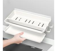 QWORK® Organizer per lavello appeso senza forature - 28x14x5,5 cm - Supporto per spugne bianco con porta asciugamani e ganci