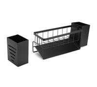 QWORK® Porta Spugne Lavello Cucina - Vassoio Autosvuotante e Porta Asciugamani Rimovibile, 2 Scatole Portaoggetti Laterali - Acciaio Inossidabile Nero