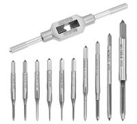 QWORK® Set di 10 maschi per filettare metrici set, manuale HSS di piccole dimensioni da M1 a M3.5 con chiave regolabile - Utensile per maschiatura professionale per metalli teneri