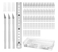 QWORK® Set di 3 coltelli da intaglio con cappuccio protettivo, righello in acciaio e 90 lame di ricambio | Versatile per hobby e artigianato