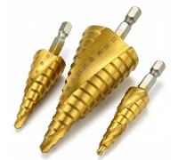 QWORK® Set di 3 punte coniche, punta per trapano a gradino con scanalatura a spirale, da 4 mm a 12/20/32 mm, HSS rivestita in titanio, per legno, plastica, lamiera sottile