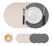 QWORK® Set di 6 Tovagliette e Sottobicchieri Rotonde, 32cm/10cm in Similpelle, Resistenti al Calore, Bifacciale (Grigio & Beige)