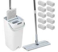 QWORK® Set di mocio e secchio strizzatore, sistema di pulizia multifunzionale a due camere, con 10 cuscinetti in microfibra e manico da 120 cm