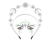 Qwrqwr Cerchietto per capelli con sole luna e stelle Galaxy Headpiece e glitter viso tatuaggi per donne costume magico accessorio carnevale feste cosplay (Silvery)