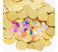 Qwrqwr Set di 100 monete d'oro per bambini, con 50 pietre preziose, perfetto per decorazione pirata e compleanno per bambini, caccia al tesoro, giochi per feste dei pirati (monete d'oro con set di