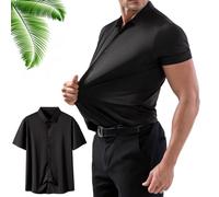 QWSYGH Men's Stretch Non-Iron Anti-Wrinkle Shirt Short Sleeve - Quick-Dry Breathable Casual Button Down Slim Fit Shirt (Black,M)