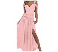 QWUVEDS Abito da sera da donna lungo senza spalle elegante, alla moda, elegante, per feste, feste, con spacco, Colore: rosa., L
