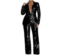 QWUVEDS Completo da donna con paillettes, set di 2 pantaloni, colletto a risvolto, vestibilità aderente, abito formale da donna, set di paillettes, in velluto da jogging da donna, Nero , M