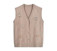 QWUVEDS Giacca da donna lavorata a maglia con scollo a V, comoda, casual - Gilet primaverile, capo senza maniche per donne di mezza età, maglia a una fila con bottoni leggera (240613A-Kaki, Taglia