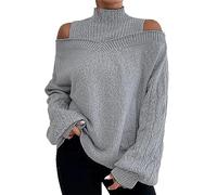 QWUVEDS - Maglione autunnale e invernale, a filo spesso, a collo alto, a spalle scoperte, colore blu chiaro, da donna, con collo alto, elegante, sexy, a maniche lunghe, oversize, grigio., S
