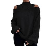 QWUVEDS - Maglione autunnale e invernale, a filo spesso, a collo alto, a spalle scoperte, colore blu chiaro, da donna, con collo alto, elegante, sexy, a maniche lunghe, oversize, Nero , XXL