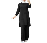 QWUVEDS Set di 2 pezzi musulmani da donna, a maniche lunghe, con bottoni a maniche lunghe, Abaya, casual, Dubai, gonna da spiaggia da donna, Nero , M