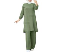 QWUVEDS Set di 2 pezzi musulmani da donna, a maniche lunghe, con bottoni a maniche lunghe, Abaya, casual, Dubai, gonna da spiaggia da donna, verde, XXXL