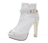 QWUVEDS stiletto tacchi alti tacchi alti neri tacchi alti Casual Pizzo Sandali Fiori Alte Donne Adorabili Donne Tacco Cava Cerniera Scarpe Mesh Donne Sandali Mare Scarpe, bianco, 37 EU