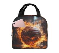 QWVBN Borsa per il pranzo con motivo basket sul fuoco e fiamma d'acqua, in alluminio ispessito, con manico, mantiene il calore e la freschezza, ideale per pendolari e picnic.