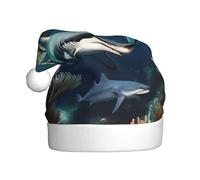 Qwvbn Cappello di Babbo Natale in peluche per adulti, con stampa di squali sotto il mare, morbido e confortevole, per Natale, Capodanno, bomboniere per uomini e donne