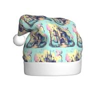 Qwvbn Cappello di Babbo Natale in peluche per adulti, con stampe di castello da favola, morbido e confortevole, per Natale, Capodanno, bomboniere per uomini e donne
