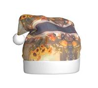Qwvbn Cappello di Babbo Natale in peluche per adulti, girasoli sotto il davanzale della finestra, stampa morbida e confortevole, per Natale, Capodanno, bomboniere per uomini e donne