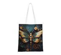 Qwvbn Le borse di tela delicate di colore oro della libellula del fiore sono riutilizzabili e adatte per lo shopping, andare a scuola, andare al lavoro, ecc.