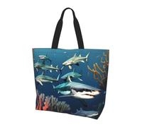 Qwvbn Sharks under the sea Prints, borsa per la spesa da donna a spalla singola, design elegante e spazioso, perfetta per i pendolari quotidiani e lo shopping.