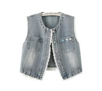 QWWQYDY Gilet Jeans Donna Light Blue Thin Slim Short Denim Vest Vintage Lace Patchwork Sleeveless Jeans Coat Round Neck Single-Breasted Cowboy Waistcoat(L)