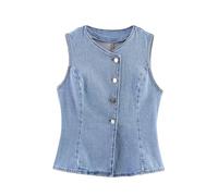 QWWQYDY Gilet Jeans Donna Slim Fit Temperament Round Neck Sleeveless Denim Vest Summer Women's Clothing(L)