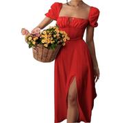 QWWQYDY Manica Corta a Sbuffo Abito da Donna alla Moda con Lacci e Spacchi semplici, Temperamento pendolare, Elegante Abito a Trapezio con Maniche a Sbuffo(Red,XL)