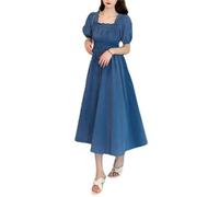 QWWQYDY Manica Corta a Sbuffo Abito Midi Estivo da Donna con Maniche a Sbuffo, Stile retrò, al Ginocchio, con Scollo Quadrato a Sbuffo e Maniche Corte(Blue,XL)