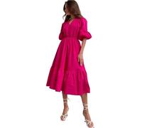 QWWQYDY Manica Corta a Sbuffo Vestito Estivo da Donna con Maniche a Sbuffo, Vita Alta e Scollo a V, Tinta Unita, Abiti da Festa(Red,M)