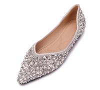 QXCXINGDY Ballerine da Donna con Strass, alla Moda, a Punta, con Perle e Diamanti, Tacco Basso, per Matrimonio, Lavoro, Danza, Ballerine, Argento, 42 EU