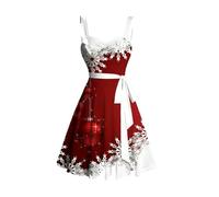 QXDZSW - Abito natalizio da donna, con scollo a cuore, fiocco di neve e campana, stampa a contrasto, busto increspato, cintura per festival, Rosso, L
