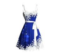 QXDZSW - Abito natalizio da donna, con scollo a cuore, fiocco di neve e campana, stampa a contrasto, busto increspato, cintura per festival, Blu, L