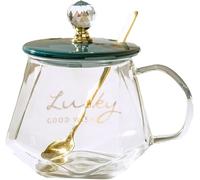 QXHSSM Bicchieri for Acqua con Coperchio da 13,5 Once, Tazza da tè di Grande capacità, Tazza da caffè e Latte, Set di Tazze in Vetro Senza Piombo, Bicchieri da Bere(Green)