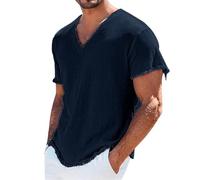 QXQLSH Camicie da Uomo in Lino a Maniche Corte con Collo a V, Bordo Sfilacciato, Finitura Grezza, T-shirt Traspiranti e Comode per l'Estate, Top da Spiaggia, L