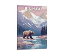 QXYUIN Poster di viaggio Banff Canada, avventura nella natura selvaggia con orso Grizzly e paesaggio di montagna.jpg, poster artistico da parete su tela per stanza, 60 x 90 cm, stile cornice